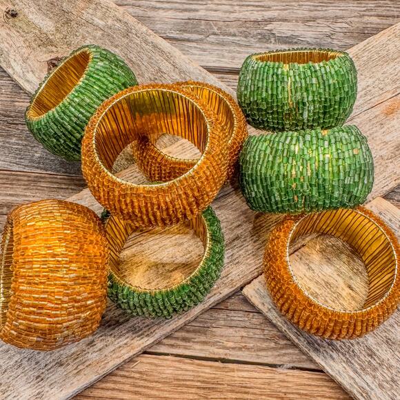Gorgeous Beaded Green and Gold Holiday Napkin Rings - Set of 8 - 4 Green/4 Gold - Picture 2 of 6